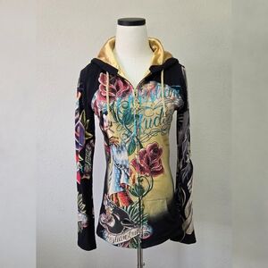 Christian Audigier Hoodie Full-Zip Tattoo Geisha Panther If Flowers Could Speak